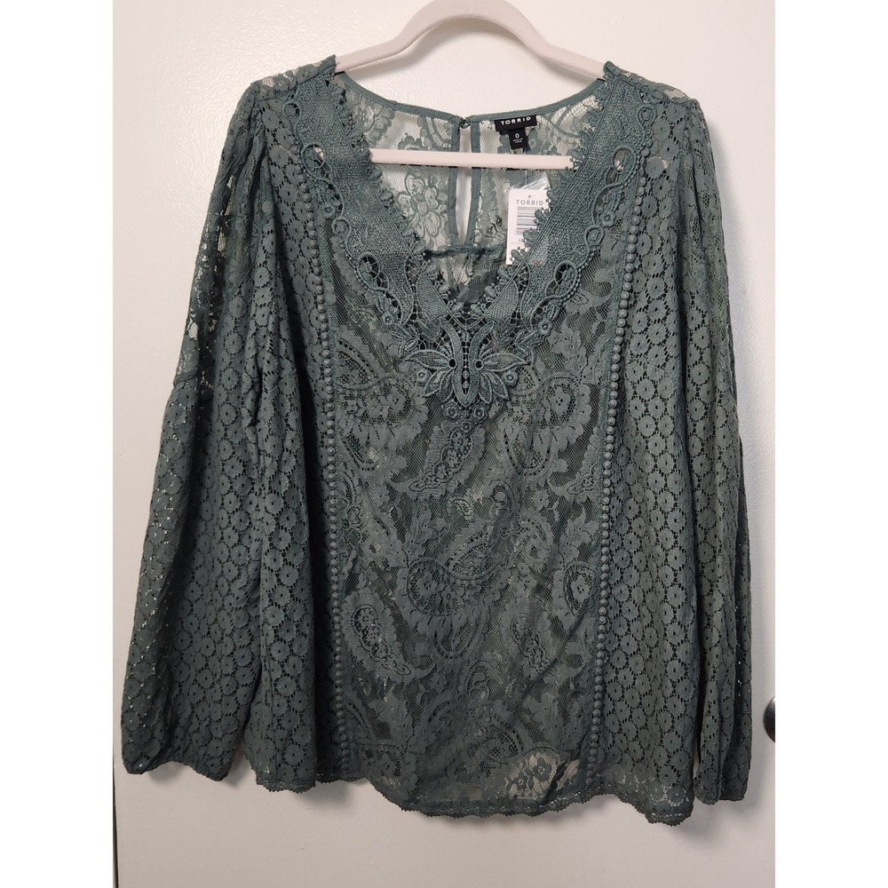 NWT Torrid Lace Sheer‎ Green Tunic Top Long Sleeve Size 12 Lrg 0 V-Neck Keyhole